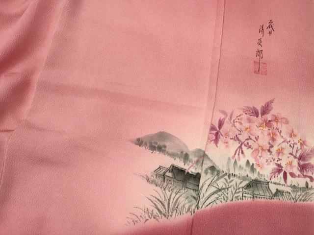 平和屋着物■二代目清次郎 手描き 色無地 薔薇色 暈し染め 鬼しぼ縮緬 正絹 逸品 DABH5607ya