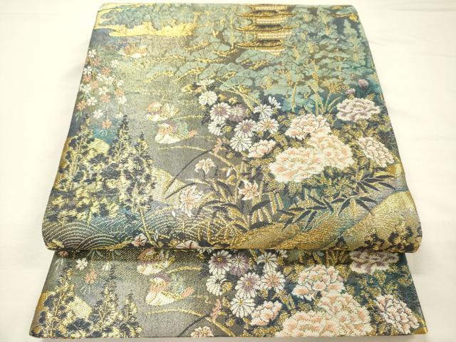 平和屋着物◎六通柄袋帯 風景花文 鴛鴦 金糸 正絹 逸品 DABH5627ya