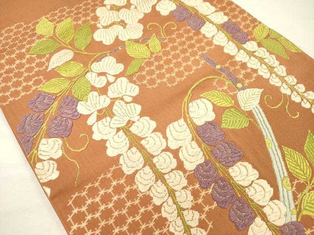 平和屋着物◎太鼓柄袋帯 唐織 枝垂れ藤 金糸 正絹 逸品 DABH5629ya