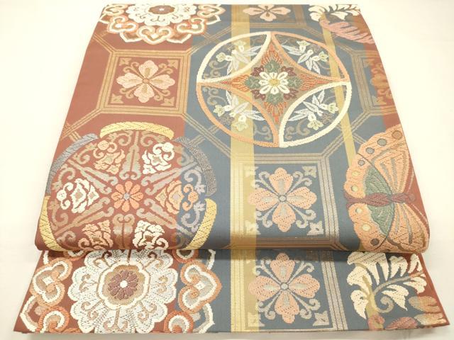 平和屋着物◎六通柄袋帯 唐織 花鳥丸文 金糸 正絹 逸品 DABH5646ya