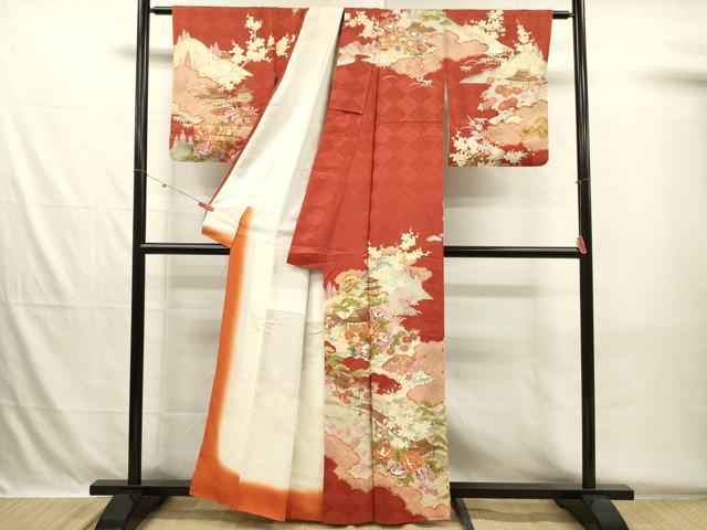 平和屋着物■訪問着 駒刺繍 風景花松文 鹿の子 金彩 正絹 逸品 DABH5680ya