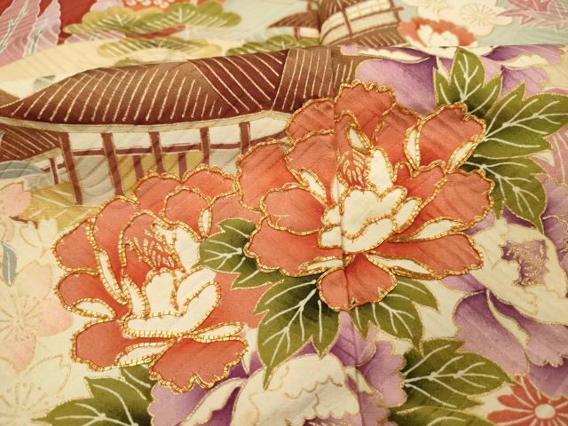 平和屋着物■訪問着 駒刺繍 風景花松文 鹿の子 金彩 正絹 逸品 DABH5680ya