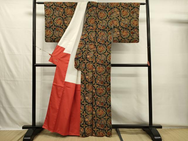 平和屋着物■上質な小紋 紬地 型染め 草花丸文 龍 正絹 逸品 DABH5681ya