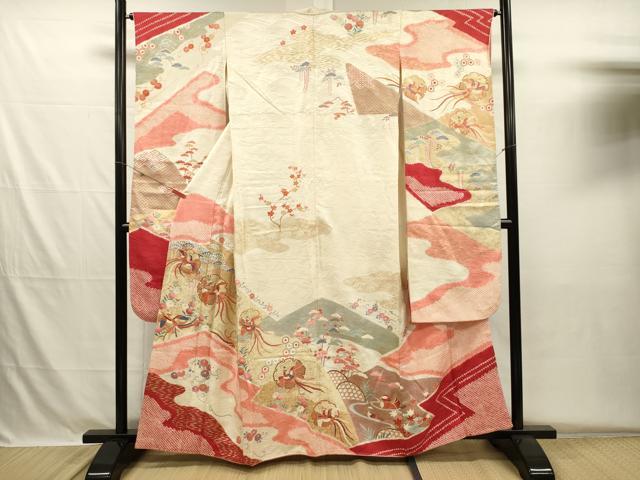 平和屋着物■豪華振袖 駒刺繍 絞り 雪輪鳳凰花松文 金彩 正絹 逸品 DABH5684ya