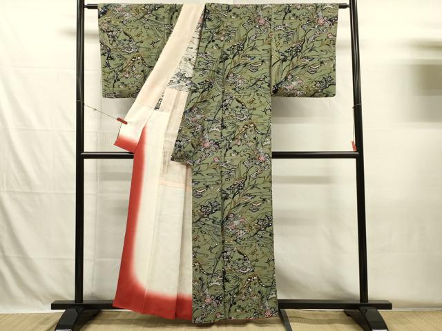平和屋着物■上質な小紋 背抜き仕立て 型染め 風景花文 鬼しぼ縮緬 正絹 逸品 DABH5687ya