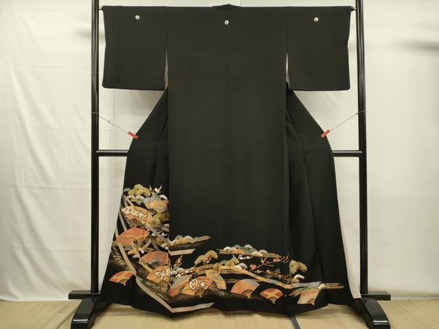 平和屋着物■豪華黒留袖 扇面双鶴花文 松竹梅 金彩 正絹 逸品 DABH5690ya