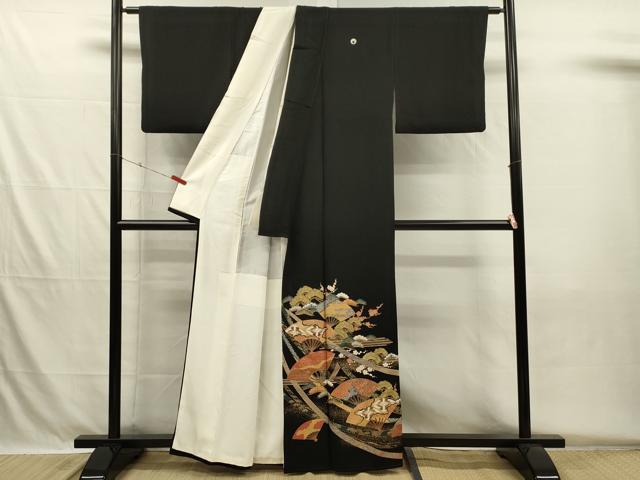 平和屋着物■豪華黒留袖 扇面双鶴花文 松竹梅 金彩 正絹 逸品 DABH5690ya