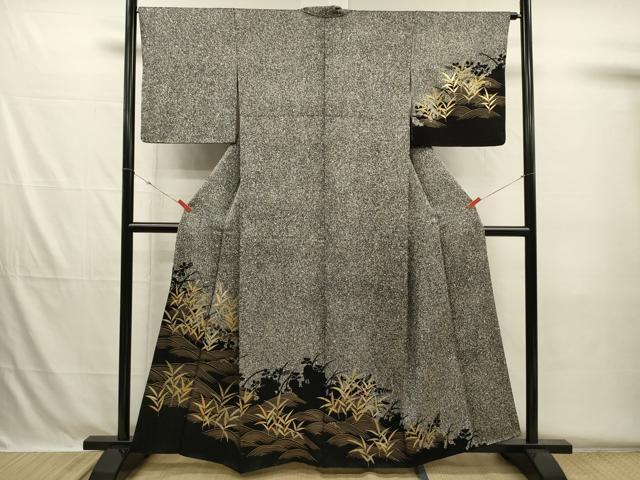 平和屋着物■訪問着 流水草葉文 たたき染め 黒地 金彩 正絹 逸品 DABH5701ya