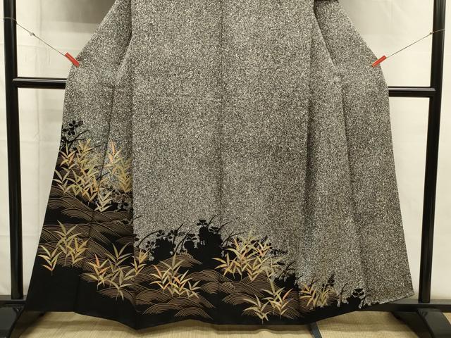 平和屋着物■訪問着 流水草葉文 たたき染め 黒地 金彩 正絹 逸品 DABH5701ya
