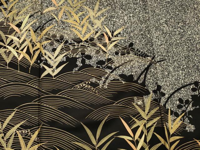 平和屋着物■訪問着 流水草葉文 たたき染め 黒地 金彩 正絹 逸品 DABH5701ya
