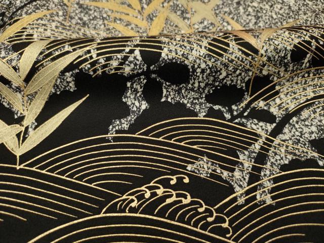 平和屋着物■訪問着 流水草葉文 たたき染め 黒地 金彩 正絹 逸品 DABH5701ya