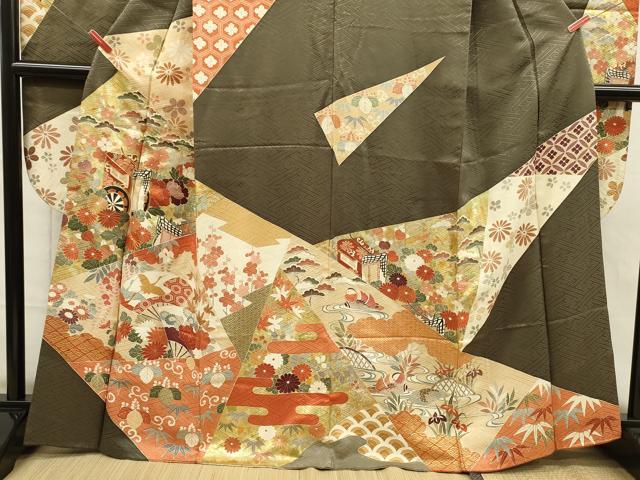 平和屋着物■豪華振袖 駒刺繍 扇面御所車飛鶴花松文 鴛鴦 金彩 正絹 逸品 DABH5746ya