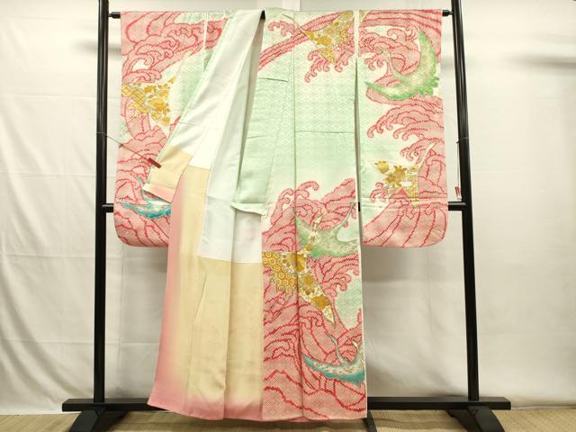 平和屋着物■豪華振袖 駒刺繍 飛鶴立波文 鹿の子 暈し染め 金彩 正絹 逸品 DABH5779ya
