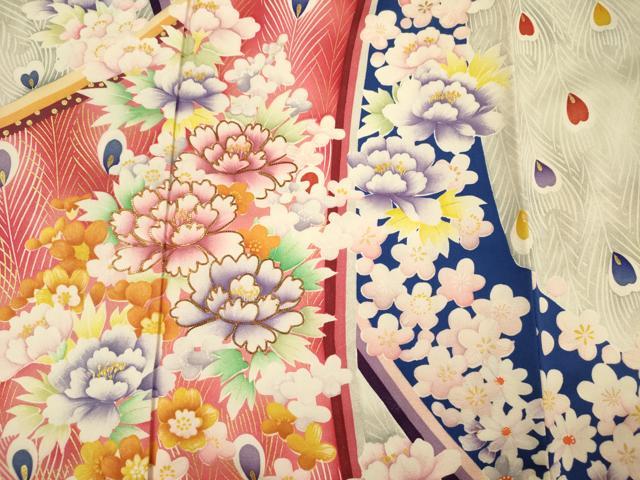 平和屋着物■紫綬褒章 巨匠『岩田専太郎』 振袖 駒刺繍 孔雀羽花文 金彩 正絹 逸品 DABH5780ya