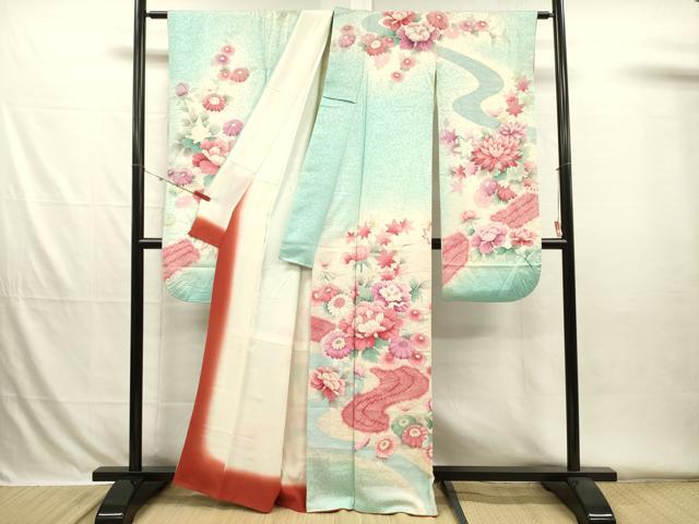 平和屋着物■豪華振袖 絞り 流水牡丹花文 暈し染め 銀彩 正絹 逸品 DABH5782ya