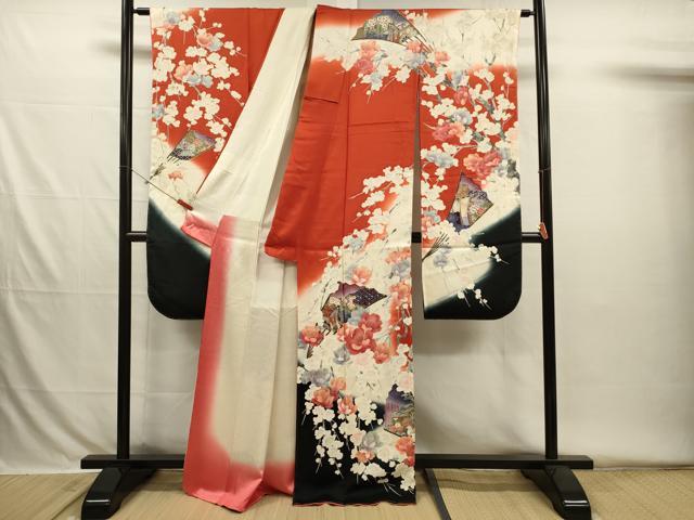 平和屋着物■豪華振袖 扇面御所車花鳥文 枝垂れ花 暈し染め 金彩 正絹 逸品 DABH5803ya