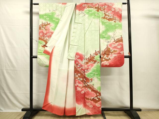 平和屋着物■豪華振袖 渡橋花文 枝梅 暈し染め 金彩 正絹 逸品 DABH5825ya