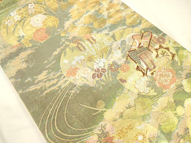 平和屋着物◎六通柄袋帯 唐織 御所車花文 金糸 引箔 正絹 逸品 DABH5852ya