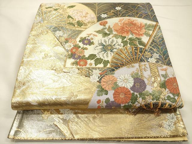 平和屋着物◎西陣 六通柄袋帯 唐織 扇面花文 金銀糸 正絹 逸品 DABH5869ya