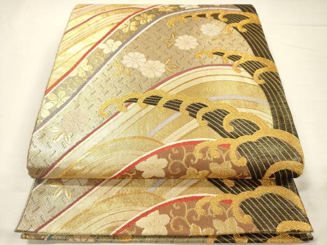 平和屋着物◎佐賀錦 両面 六通柄袋帯 立波花文 金糸 正絹 逸品 DABH5878ya