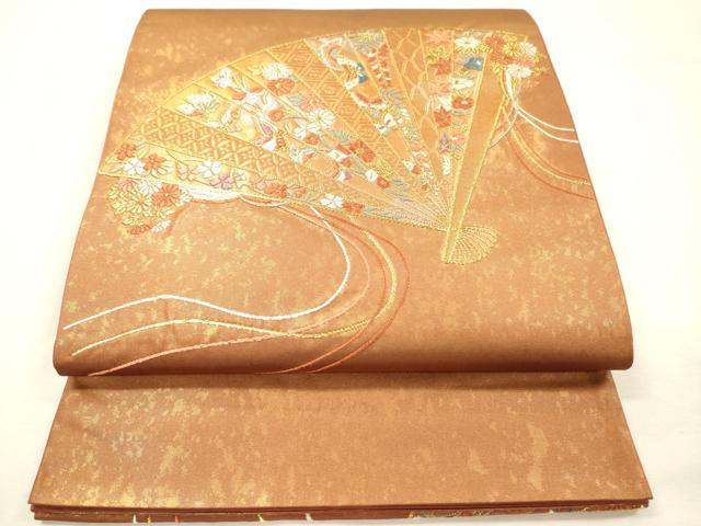 平和屋着物◎太鼓柄袋帯 唐織 扇面花蝶文 金糸 引箔 正絹 逸品 DABH5883ya