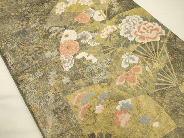平和屋着物◎六通柄袋帯 扇面花文 金糸 正絹 逸品 DABH5885ya
