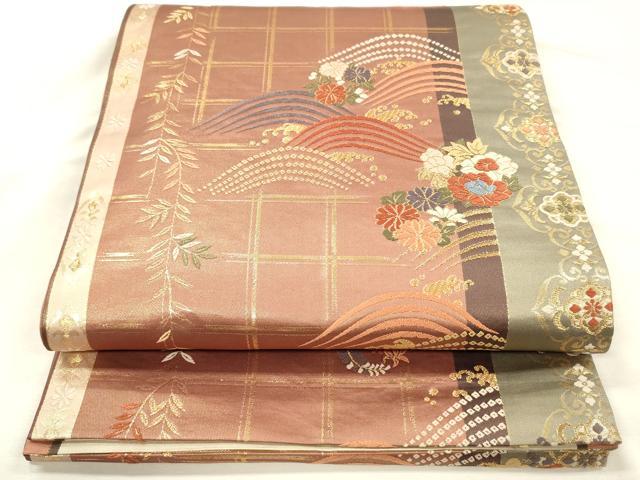 平和屋着物◎全通柄袋帯 唐織 流水花文 金糸 正絹 逸品 DABH5886ya