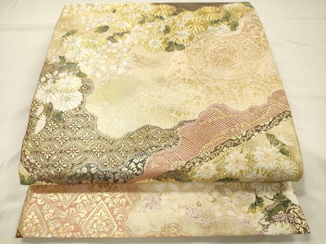 平和屋着物◎六通柄袋帯 白翔菊香松皮文 金銀糸 正絹 逸品 DABH5895ya