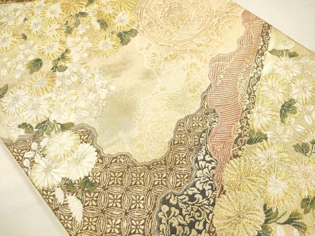 平和屋着物◎六通柄袋帯 白翔菊香松皮文 金銀糸 正絹 逸品 DABH5895ya