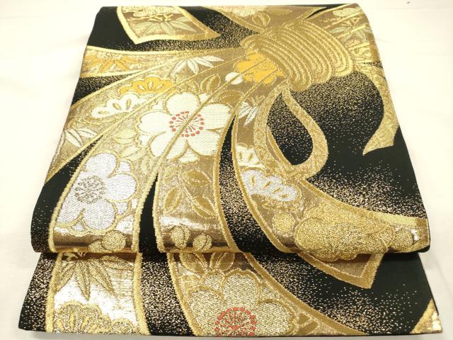 平和屋着物◎六通柄袋帯 束ね熨斗花文 松竹梅 黒地 金銀糸 正絹 逸品 DABH5919ya