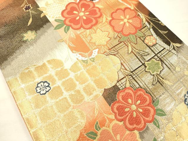 平和屋着物◎六通柄袋帯 唐織 舞蝶花文 舞桜 金銀糸 正絹 逸品 DABH5921ya
