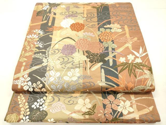 平和屋着物◎西陣 六通柄袋帯 唐織 流水草花文 金糸 証紙付き 正絹 逸品 DABH5924ya