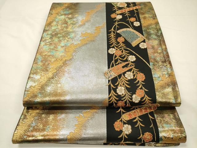 平和屋着物◎六通柄袋帯 楽器花文 金銀糸 引箔 正絹 逸品 DABH5926ya