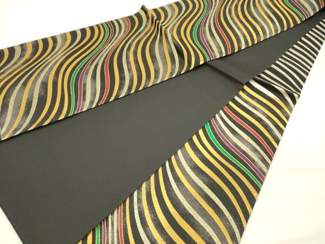 平和屋着物◎西陣 全通柄袋帯 よろけ縞 黒地 金糸 証紙付き 正絹 逸品 DABH5930ya