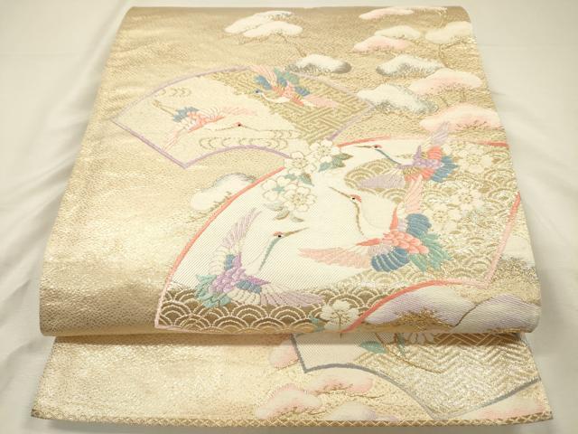 平和屋着物◎六通柄袋帯 唐織 地紙飛鶴花松文 金銀糸 正絹 逸品 DABH5940ya