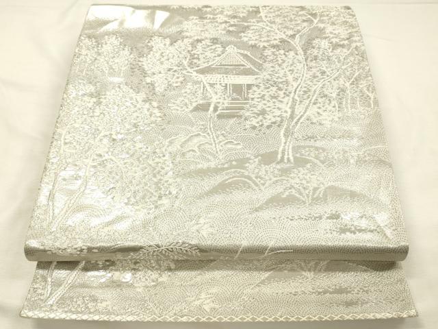 平和屋着物◎六通柄袋帯 風景文 プラチナ箔 正絹 逸品 DABH5950ya