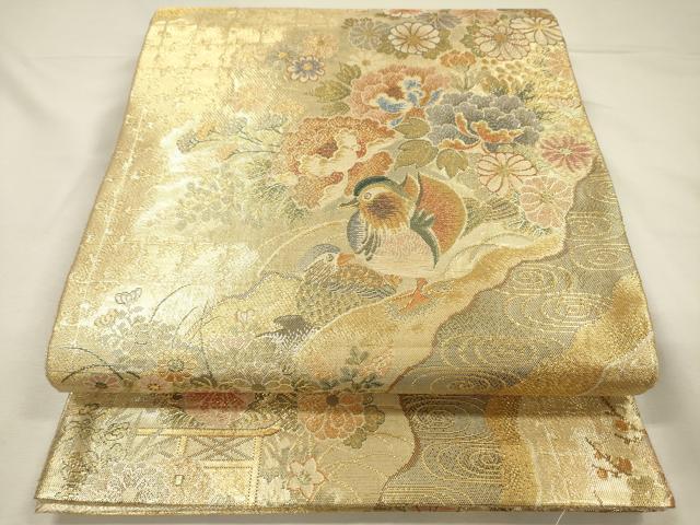 平和屋着物◎佐賀錦 六通柄袋帯 草花文 鴛鴦 金糸 正絹 逸品 DABH5953ya