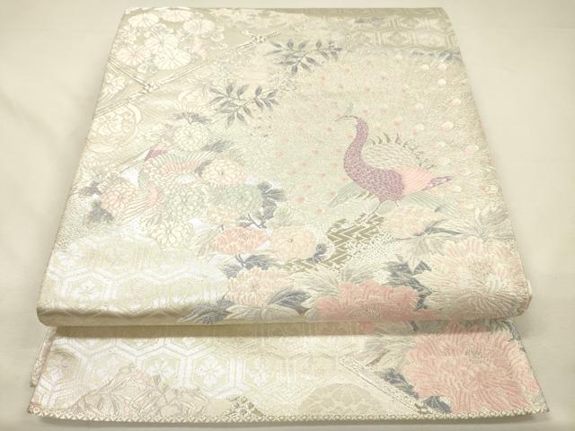 平和屋着物◎六通柄袋帯 孔雀花文 銀糸 正絹 逸品 DABH5954ya