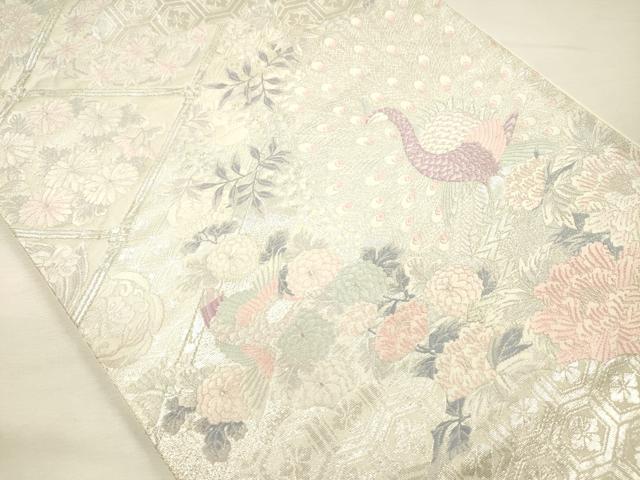 平和屋着物◎六通柄袋帯 孔雀花文 銀糸 正絹 逸品 DABH5954ya