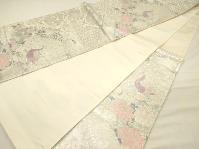 平和屋着物◎六通柄袋帯 孔雀花文 銀糸 正絹 逸品 DABH5954ya