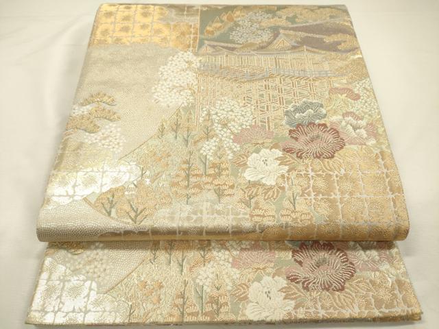 平和屋着物◎六通柄袋帯 風景花文 金糸 正絹 逸品 DABH5962ya