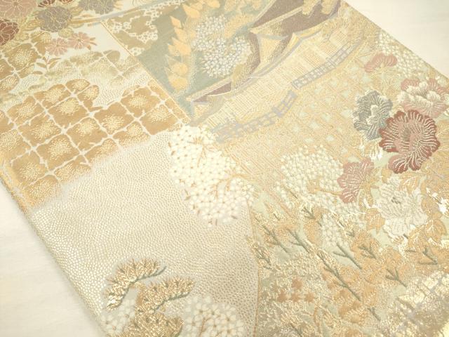 平和屋着物◎六通柄袋帯 風景花文 金糸 正絹 逸品 DABH5962ya
