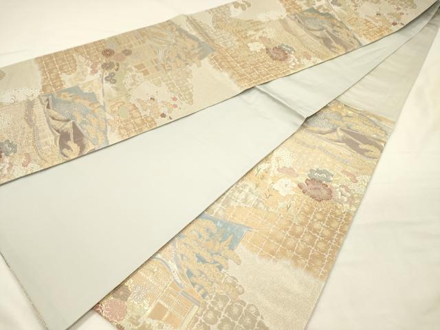 平和屋着物◎六通柄袋帯 風景花文 金糸 正絹 逸品 DABH5962ya