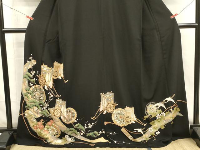 平和屋着物■豪華黒留袖 駒刺繍 雪輪御所車飛鶴花松文 金彩 ロング丈 正絹 逸品 DABH5968ya