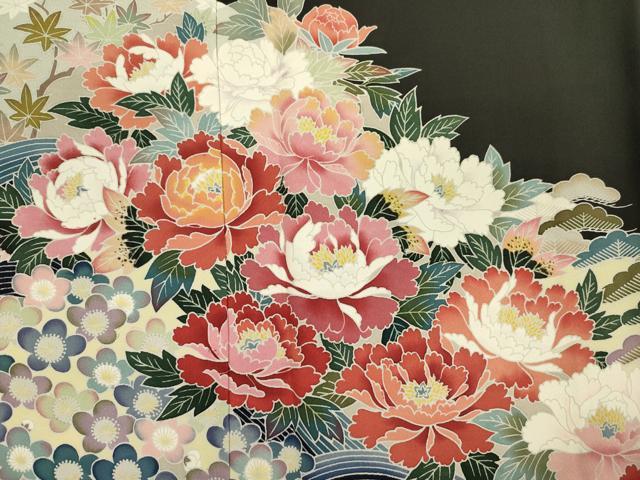 平和屋着物■豪華黒留袖 友禅 作家物 風景花文 牡丹 正絹 逸品 DABH5969ya