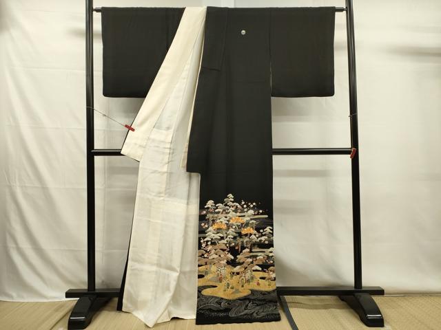 平和屋着物■豪華黒留袖 駒刺繍 御所車人物花松文 金彩 正絹 逸品 DABH5972ya