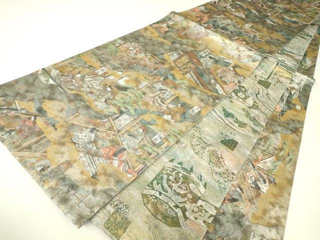 平和屋本店▼西陣あさぎ 両面 全景全通柄袋帯 源氏香合せ 全通総絵図 二十四金プラチナ二重箔 正絹 逸品 DABH6009az