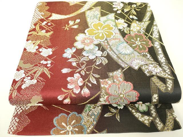 平和屋着物▼六通柄袋帯 短冊舞桜文 金糸 正絹 逸品 DABH6032az