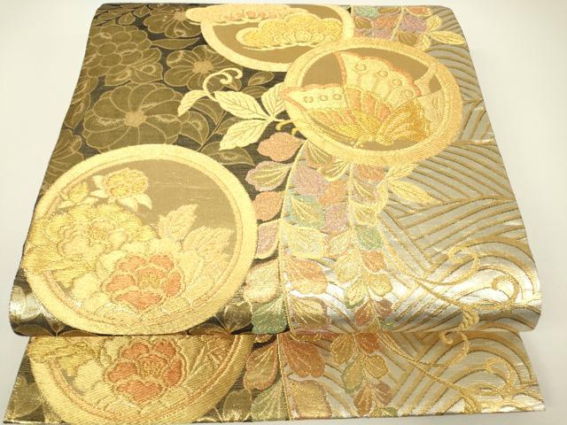 平和屋着物▼佐賀錦 両面 六通柄袋帯 花蝶丸文 金糸 正絹 逸品 DABH6037az