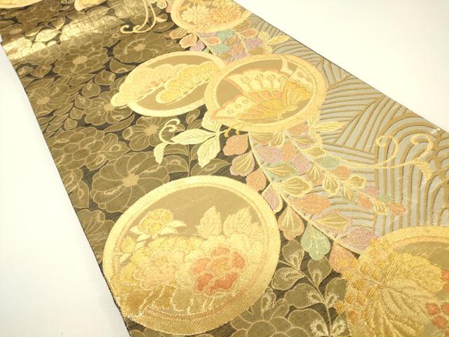平和屋着物▼佐賀錦 両面 六通柄袋帯 花蝶丸文 金糸 正絹 逸品 DABH6037az